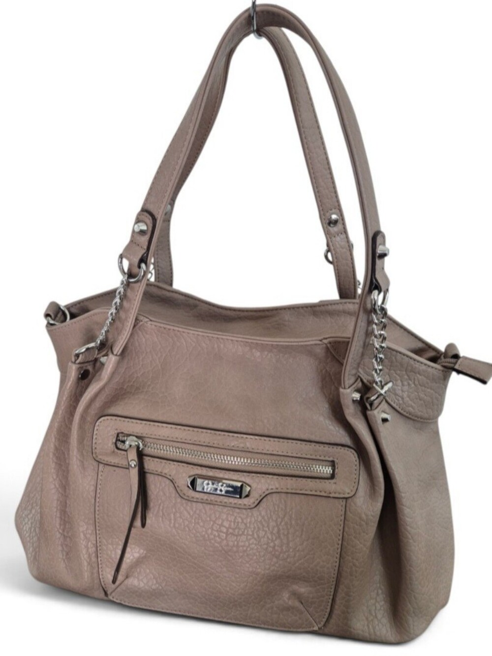 Jessica Simpson Beige Satchel Handbag Synthetic Leather Silver Logo Studded